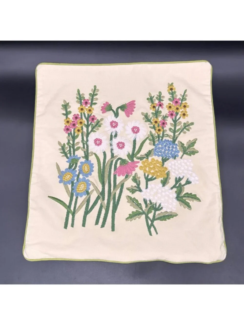 Floral Pillow Cover Embroidered Wildflowers Zipper Cream Green Pink Blue Flowers